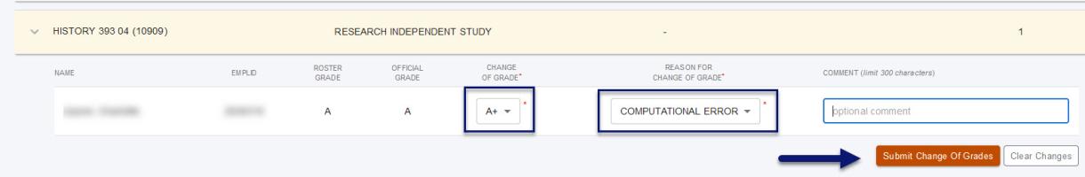 Screenshot of Change of Grade page with boxes around the Grade and Reason fields and an arrow pointing to Submit Change of Grades button.