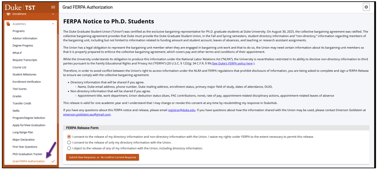 Screenshot of Graduate FERPA Authorization in DukeHub
