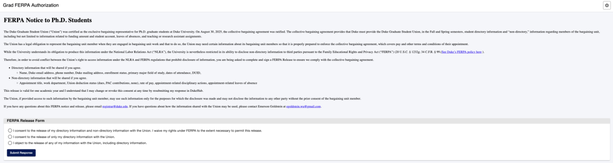 Screenshot of Graduate FERPA Authorization in DukeHub