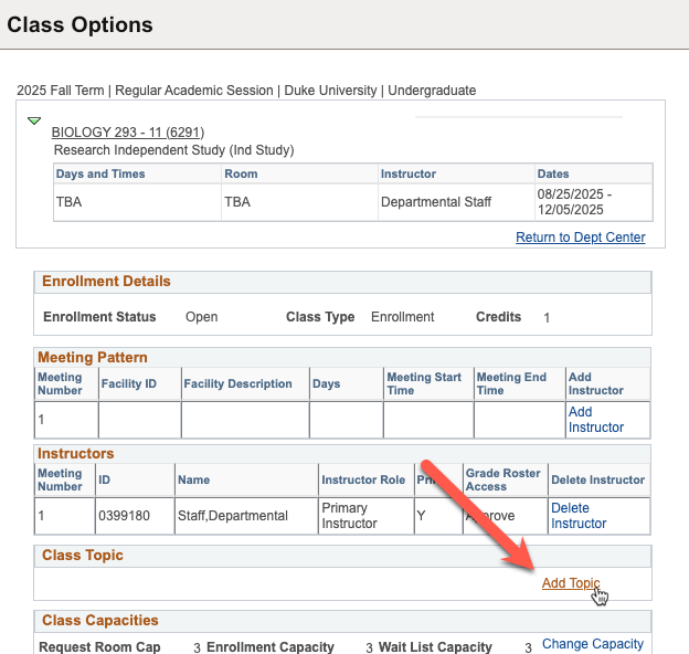 Screenshot of Department Center, for adding a topic title